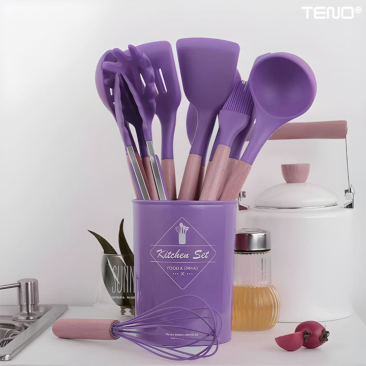 Set Ustensile Bucatarie 12 Piese Silicon Alimentar Teno®, termorezistente, antiaderente, sigure, suport inclus, mov