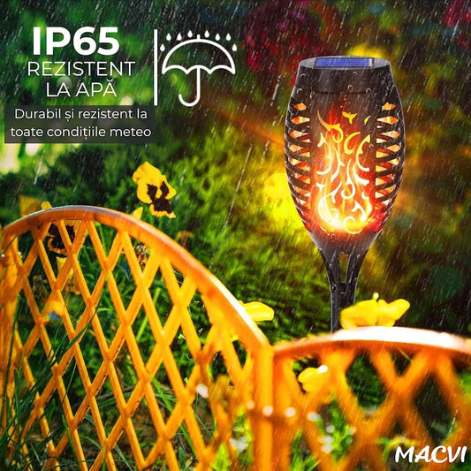 Torta Solara LED Macvi® 96 LED-uri, Efect Real de Flacara, Senzor de Lumina, Alimentare Solara, Rezistenta la Intemperii, Negru