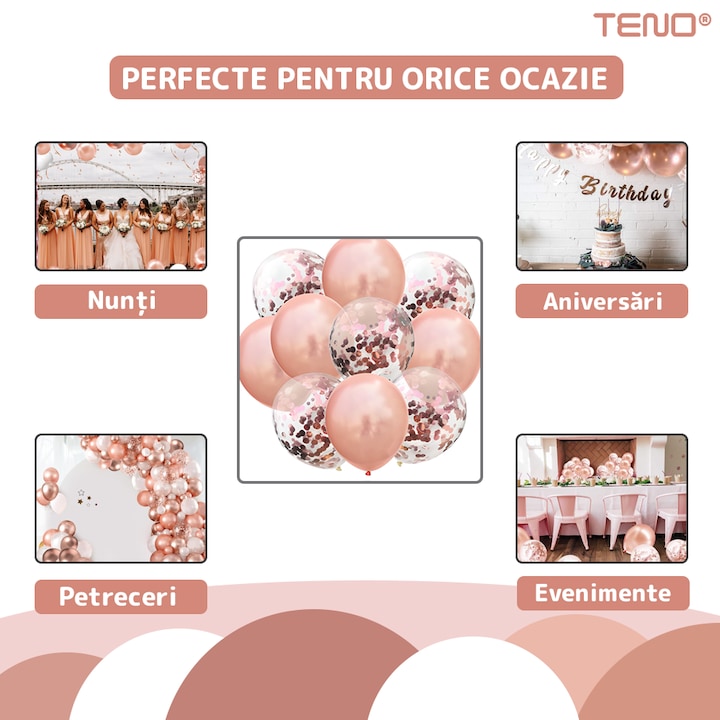 Set 10 Baloane Teno®, Confeti, pentru Petreceri/Aniversari/Evenimente, o singura dimensiune, 2 culori, latex, rose gold