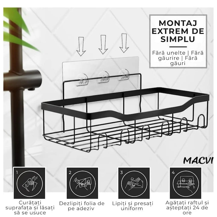 Organizator de dus Macvi® din otel inoxidabil, montare adeziva fara gaurire, capacitate mare, rezistent la rugina, negru