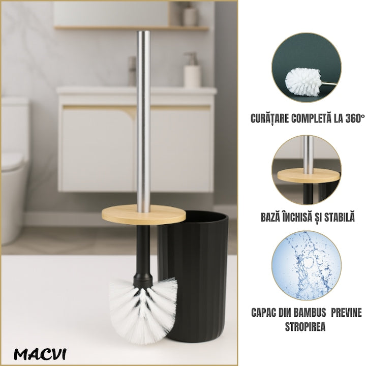 Set Baie Macvi® 6 Piese Negru Mat cu Accente de Lemn, Cos Gunoi, Perie WC, Dozator Sapun, Suport Periute, Pahar si Sapuniera