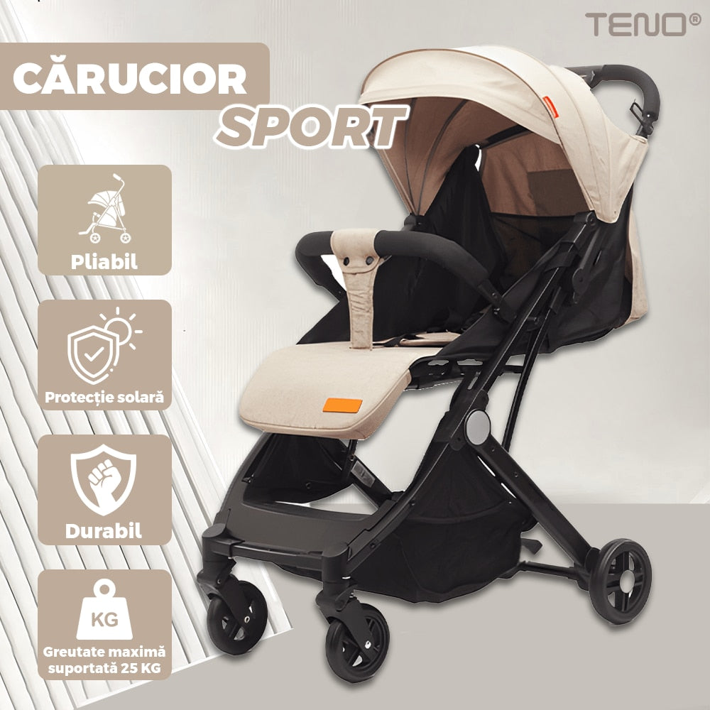 Carucior Sport pentru Bebelusi Teno®, pliabil, usor de carat, sezut reglabil, spatios, cosulet dorsal, copertina retractabila, greutate maxima suportata 25 kg, bej