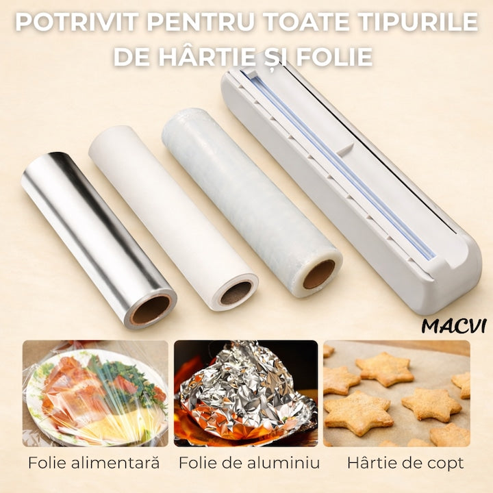 Dispenser folie alimentara, Macvi, 37cm, 12 ventuze antialunecare, alb