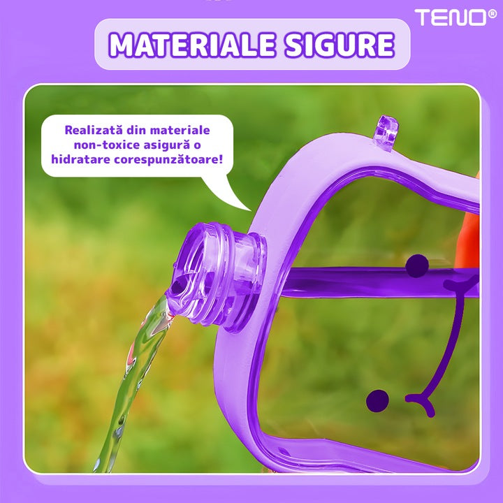 Sticla de Apa pentru Copii Teno®, forma de toast, fara BPA, anti-scurgere, usor de curatat, curea reglabila inclusa, pentru copii, 380 ml, mov