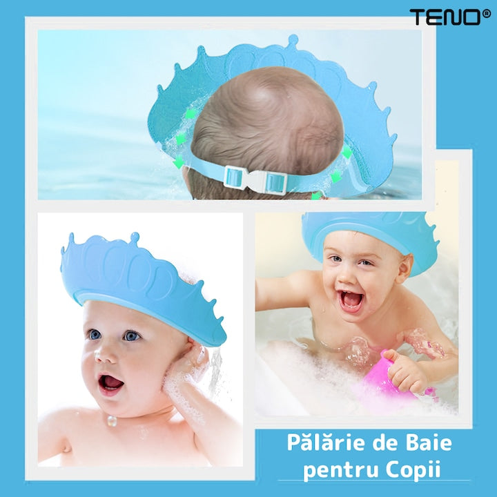 Palarie de Baie pentru Copii Teno®, protectie impotriva samponului pentru ochi si urechi, reglabila, forma coroana rege/regina, albastru