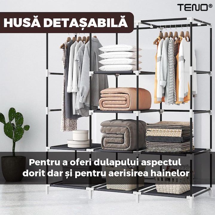 Dulap din Material Textil pentru Haine si Incaltaminte Teno®, impermeabil, 8 rafturi, inchidere fermoar, suport umerase, cadru otel, 170 cm, maro