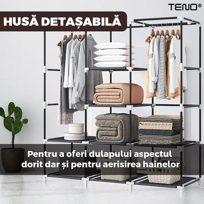 Dulap din Material Textil pentru Haine si Incaltaminte Teno®, impermeabil, 8 rafturi, inchidere fermoar, suport umerase, cadru otel, 170 cm, maro