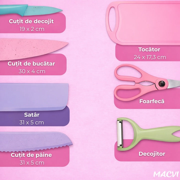 Set cutite bucatarie Macvi® 7 piese, otel inoxidabil, foarfece, curatator legume, tocator inclus, pentru carne, fructe si legume