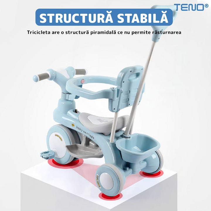 Tricicleta Multifunctionala Teno®, structura stabila, pedale anti-derapante, suport picioare, cosulet pe spate, spatar detasabil, parasolar, muzica incorporata, albastru