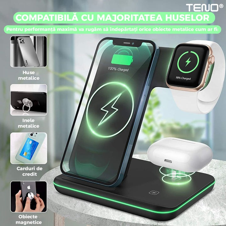 Incarcator Wireless Teno®, Statie de Incarcare 3in1, LED indicator inteligent, Fast Charge, incarcare rapida, compatibilitate universala, negru
