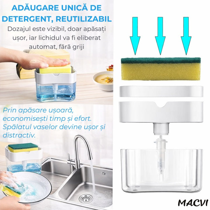 Dispenser detergent Macvi® 380 ml cu suport pentru burete, actionare prin apasare, economisire detergent