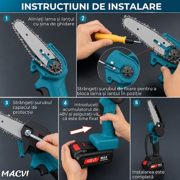 Set Multifunctional 6 in 1 Macvi 48V, Motocoasa, Mini Drujba, Foarfeca Gard Viu, Foarfeca Gazon, Foarfeca Electrica, Suflanta Frunze, Tija Telescopica, 2 Acumulatori Li-Ion, Motor Brushless