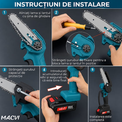 Set Multifunctional 6 in 1 Macvi 48V, Motocoasa, Mini Drujba, Foarfeca Gard Viu, Foarfeca Gazon, Foarfeca Electrica, Suflanta Frunze, Tija Telescopica, 2 Acumulatori Li-Ion, Motor Brushless