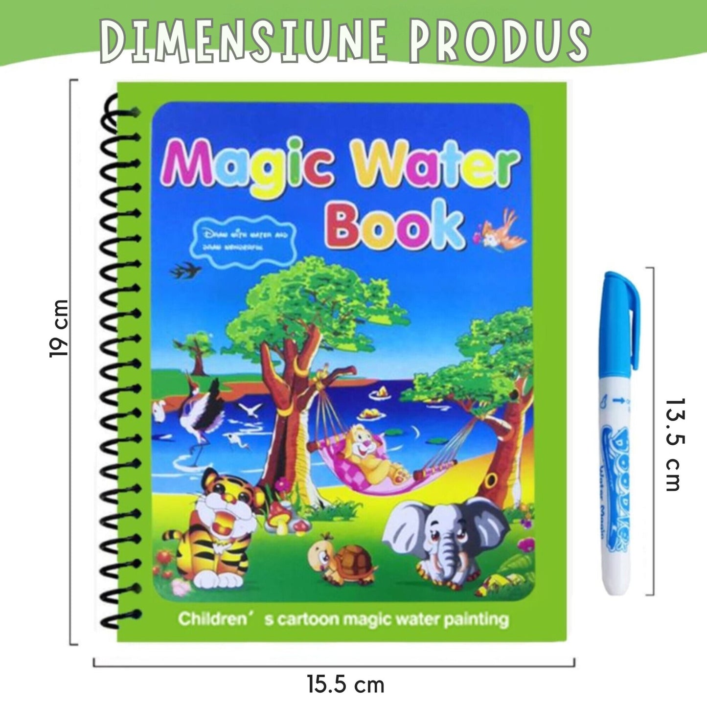 Carte de colorat reutilizabila Macvi Magic Book, 8 pagini, tematica animale, culori vibrante, pentru copii 3 ani+