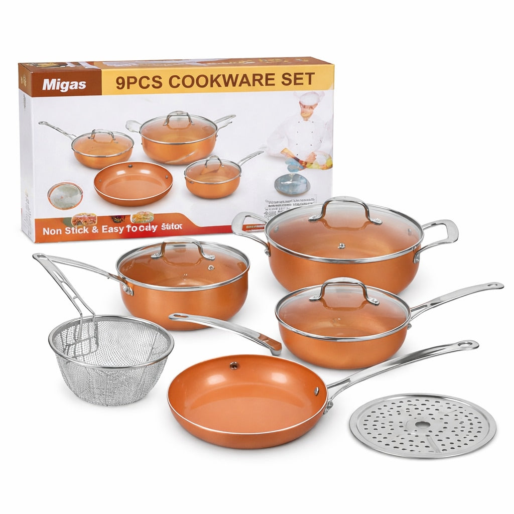 Set vase de gatit din aluminiu Macvi® 9 piese cu strat ceramic antiaderent tigaie oale cu capace cos prajire si grilaj abur compatibile inductie