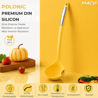 Polonic separator de grasime Macvi®, silicon alimentar, rezistent la caldura, galben