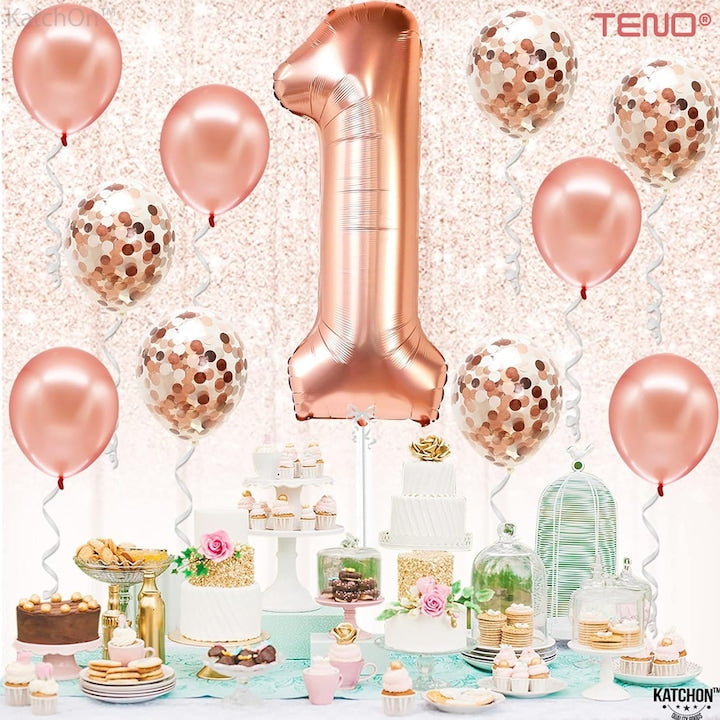 Set 12 Baloane Teno®, Cifra 1, pentru Petreceri/Aniversari/Evenimente, Stea/Rotunde/Confetti, 3 culori, latex, rose gold