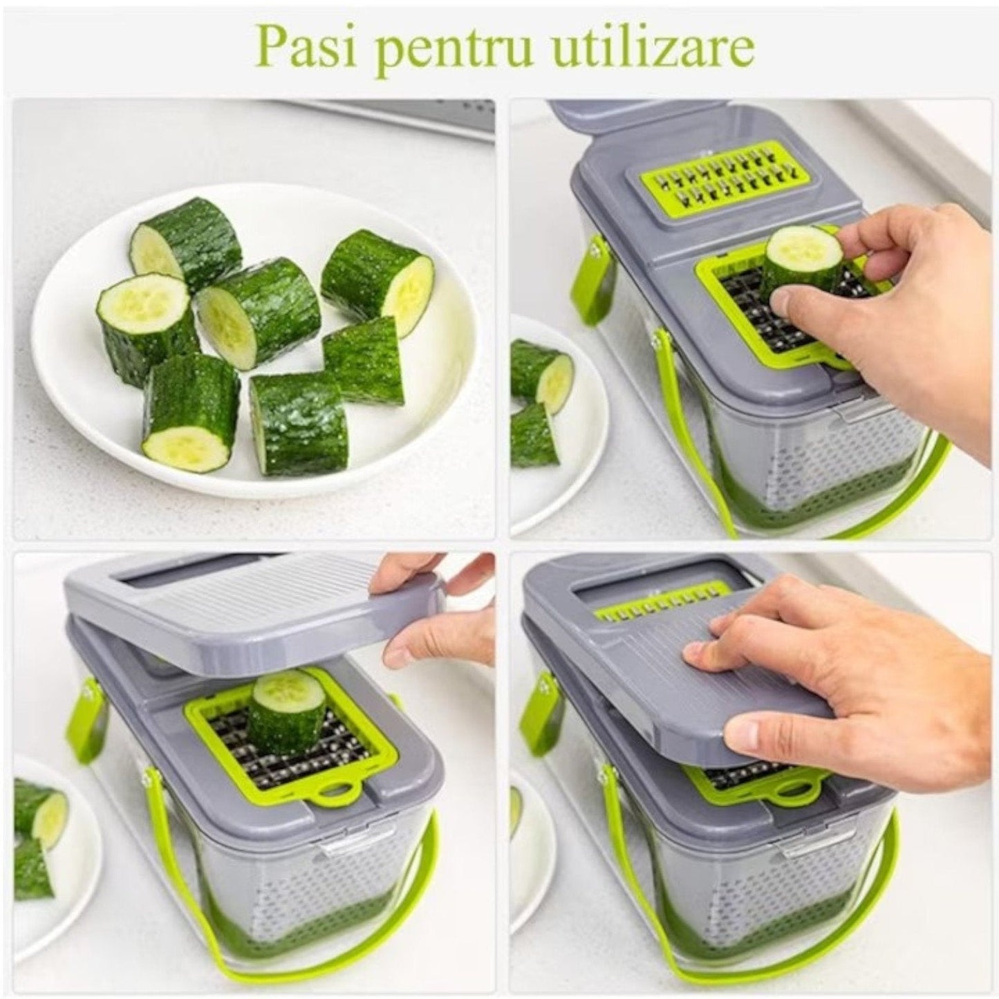 Razatoare multifunctionala Macvi® profesionala 22 piese cu lame inox si recipient colector tocator feliator pentru legume fructe si branzeturi gri verde
