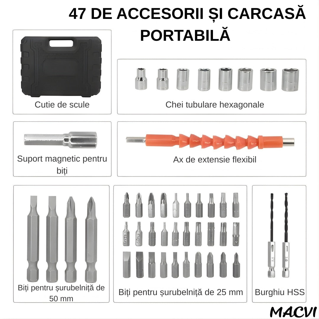 Surubelnita Electrica Portabila Macvi®, 47 Piese Acumulator Reincarcabil Maner Rotativ 90-180° Set Biti si Capete Tubulare Trusa Transport Negru