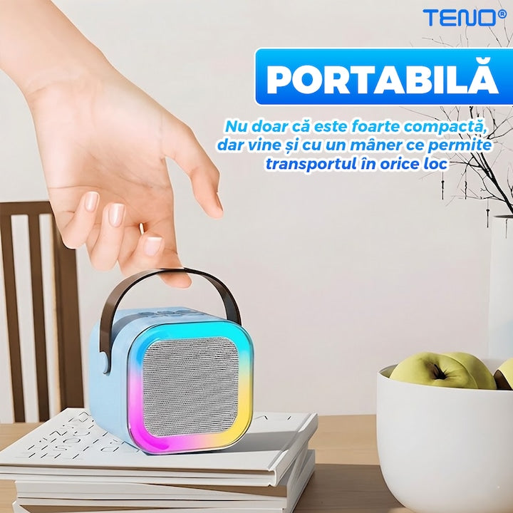 Boxa Portabila Teno®, karaoke, 2 microfoane, 4 porturi, wireless, RBG, Albastru deschis