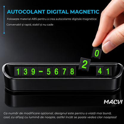Suport numar telefon auto, MACVI, afisaj retractabil, negru, 13x3.5x2.6cm, set cu placute magnetice