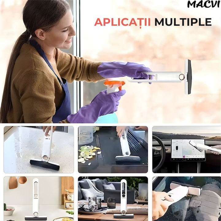 Mini Mop Macvi® pentru Curatarea Suprafetelor si Geamurilor, Sistem de Storcere Buretel, Rotativ, Portabil, 29 cm, Alb