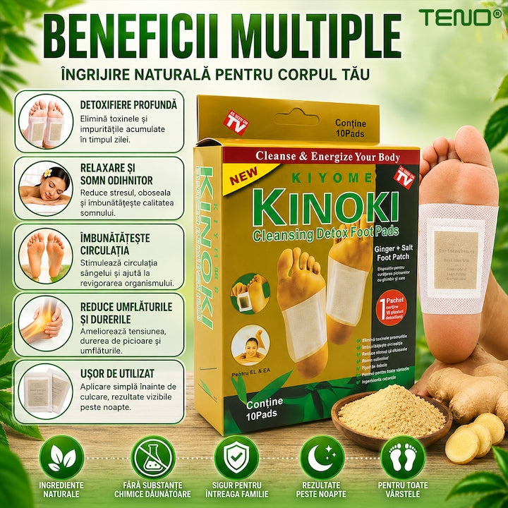 Set 10 de plasturi KINOKI Teno®, pentru detoxifiere, ingrediente naturale, turmeric, imbunatatesc somnul, energizeaza, adezivi, auriu