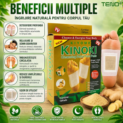 Set 10 de plasturi KINOKI Teno®, pentru detoxifiere, ingrediente naturale, turmeric, imbunatatesc somnul, energizeaza, adezivi, auriu