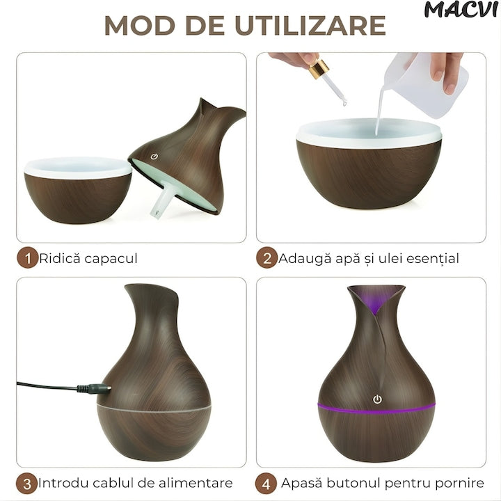 Difuzor Aromaterapie Macvi® cu Umidificator, ultrasunete, forma de vaza, buton touch, maro, LED 7 culori, 130 ml