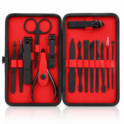 Set manichiura pedichiura Macvi® 15 piese din inox cu husa din piele ecologica si interior de velur sintetic rosu pentru ingrijirea completa a unghiilor