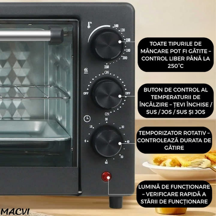 Cuptor Electric de Bucatarie Macvi® 2600W, 48L, Temperatura Reglabila 250°C, 4 Moduri Incalzire, Tava de Copt, Gratar, Functie Rotisor