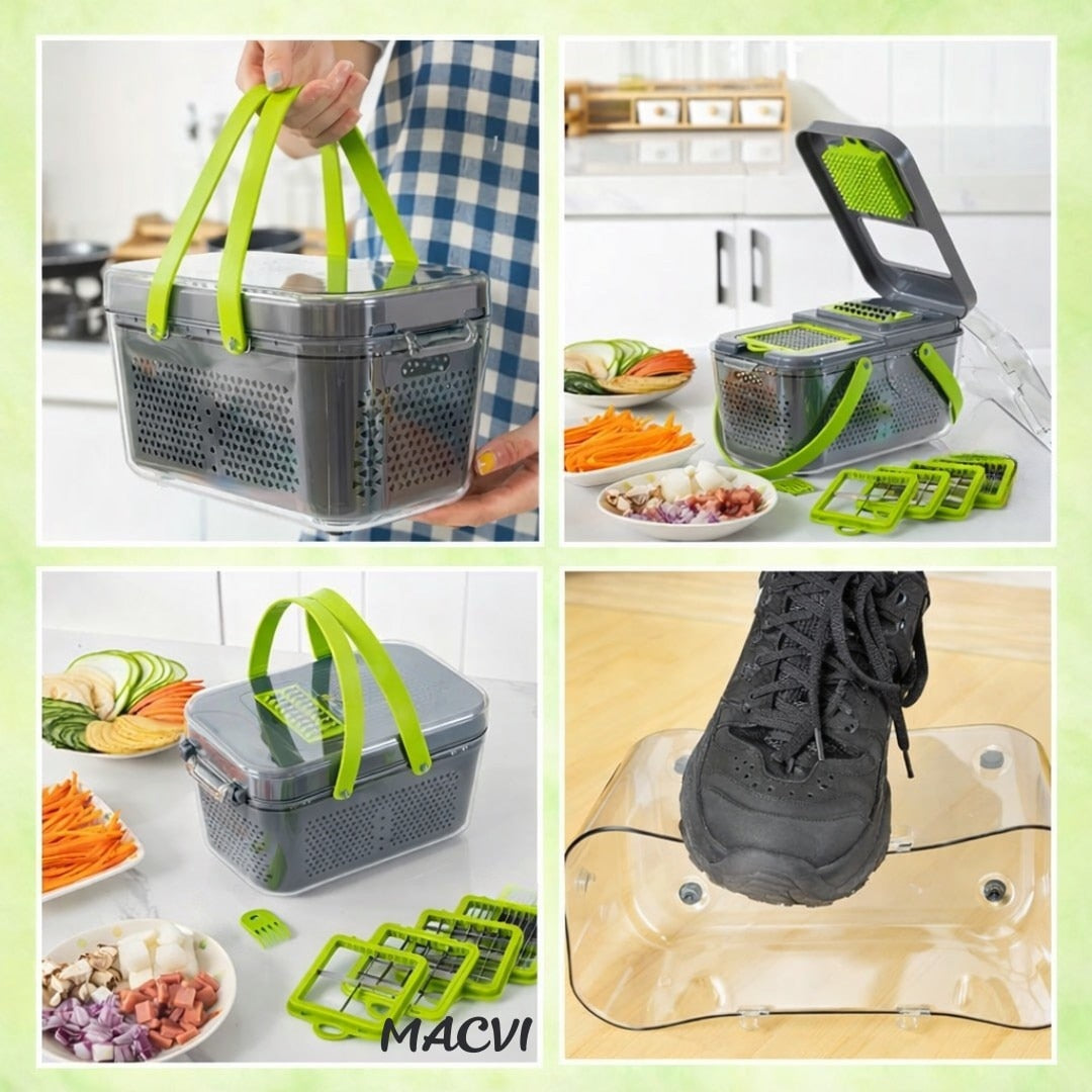 Razatoare multifunctionala Macvi® profesionala 22 piese cu lame inox si recipient colector tocator feliator pentru legume fructe si branzeturi gri verde