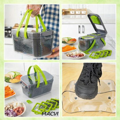 Razatoare multifunctionala Macvi® profesionala 22 piese cu lame inox si recipient colector tocator feliator pentru legume fructe si branzeturi gri verde