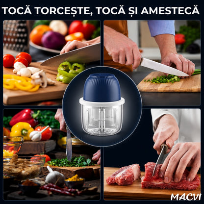 Mini Tocator Electric Macvi® 300 ml Multifunctional Reincarcabil USB pentru Carne Legume Usturoi Ceapa Albastru