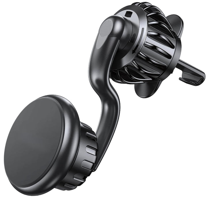 Suport auto magnetic Macvi®, rotire 360°, prindere ventilatie, magneti N52, compatibil telefon, tableta, ABS premium, aluminiu, negru 6.5x4.9x3.6 cm