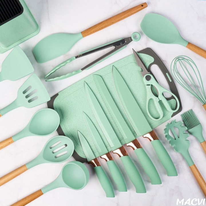 Set ustensile Macvi® bucatarie silicon premium 19 piese cu suport organizare cutite tocator linguri spatule fara BPA rezistente la temperaturi ridicate verde menta