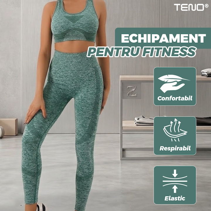 Set Costum Fitness din 2 Piese Teno®, colanti si bustiera, material respirabil, uscare rapida, elasticitate ridicata, one-size, verde