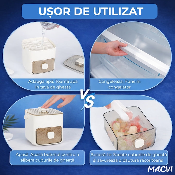 Cutie gheata Macvi® cu sertar detasabil si cleste pentru servire igienica capacitate 1.5L design compact alb mat