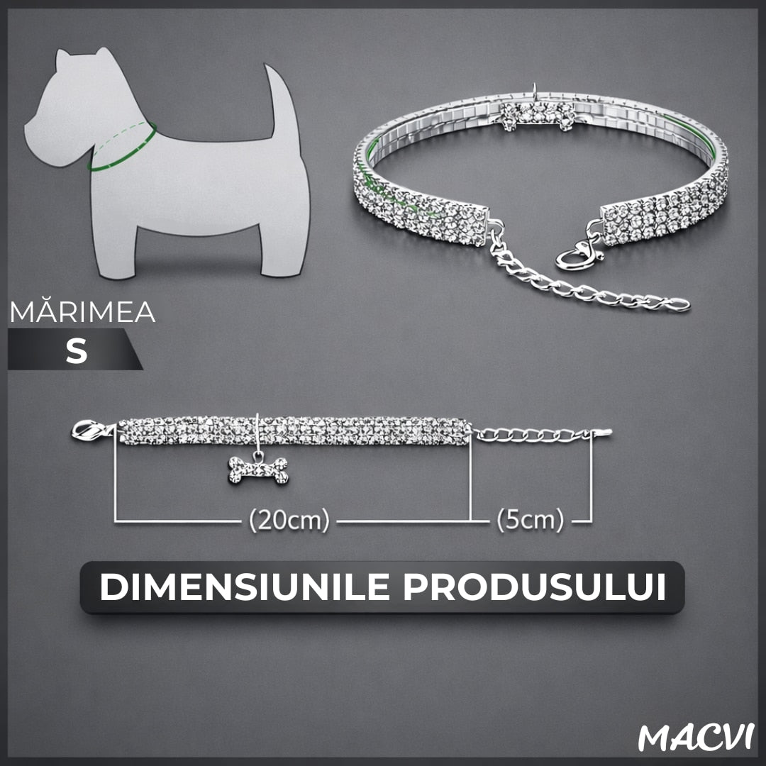 Zgarda pentru caini de talie mica Macvi® cu cristale stralucitoare, design elegant, ajustabila, argintiu