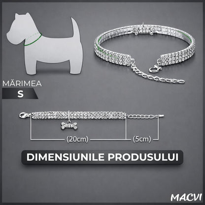 Zgarda pentru caini de talie mica Macvi® cu cristale stralucitoare, design elegant, ajustabila, argintiu