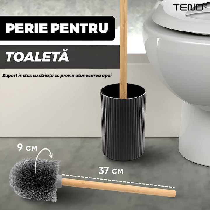 Set 6 Accesorii de Baie Teno®, dispenser de sapun, suport de periute, perie de toaleta, suport sapun, cos de gunoi, detalii din bambus, materiale rezistente, design minimalist, striatii, negru