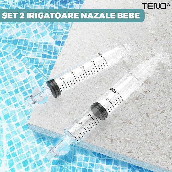 Set 2 Bucati Irigator / Dus Nazal Teno®, dispozitiv curatare sinusuri si decongestie nazala, cap din silicon, 10ml, transparent
