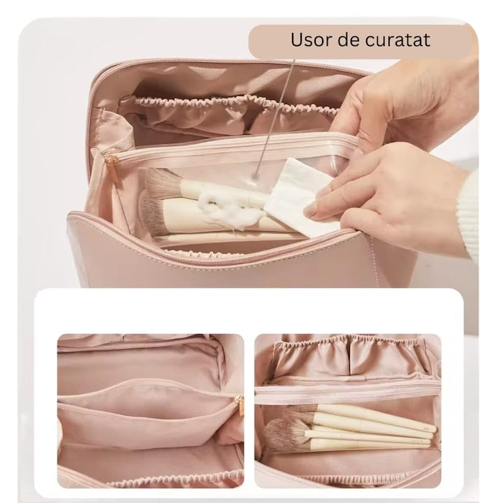 Geanta pentru cosmetice de calatorie Macvi®, din piele rezistenta la apa, cu maner si compartiment spatios, 24x11.5x11.5 cm, ideala pentru femei, roz