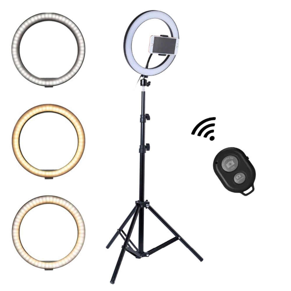 Lampa Circulara Ring Light Teno®, Diametru 56cm/22 Inch, 3 moduri de lumina, 10 trepte reglaj, telecomanda si trepied 210 cm incluse, suport triplu telefon, compatibilitate universala, alb