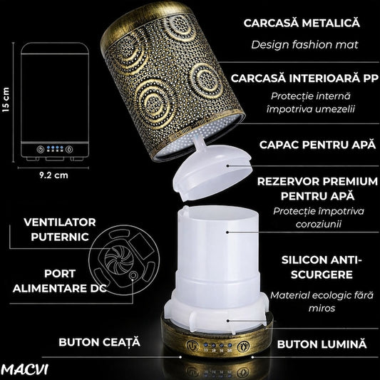 Difuzor Aromaterapie Macvi® din Metal, Design Vintage, 100 ml, Bronz deschis