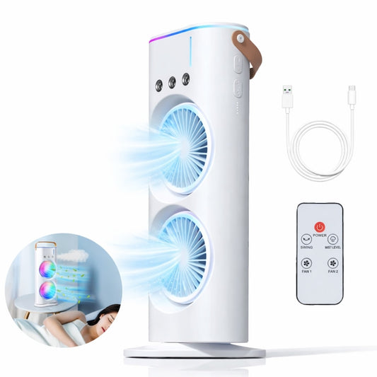 Ventilator Portabil Macvi® cu Pulverizare si Dublu Cap, Sistem de Racire cu Apa, 3 Trepte Viteza, Reglabil 360°, Alimentare USB, Ideal pentru Vara, Birou sau Exterior