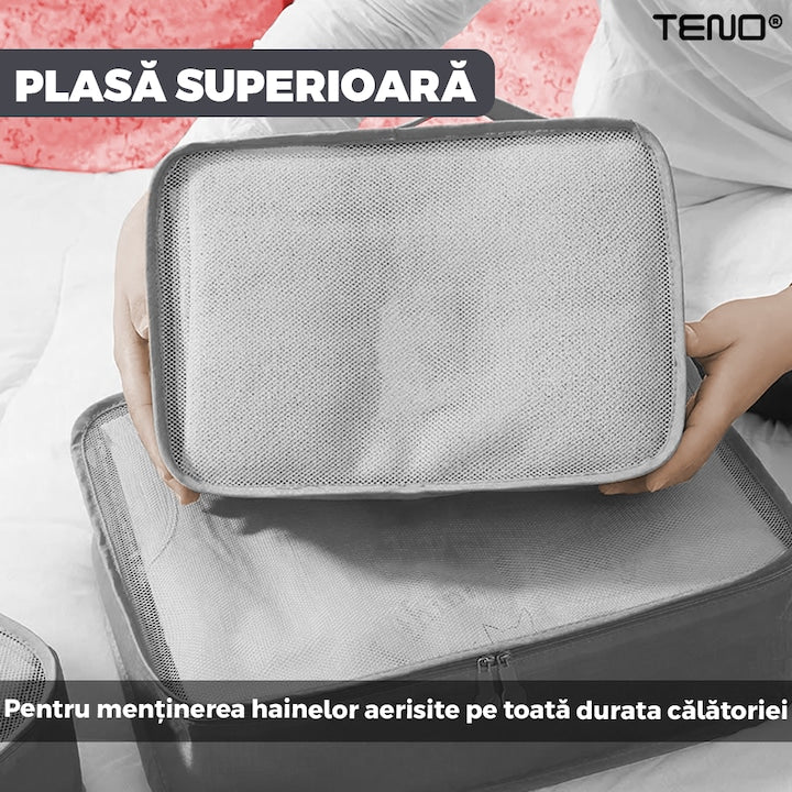 Set 8 Organizatoare Teno®, pentru calatorie, diferite marimi, 3 genti cu plasa, 1 geanta pentru lenjerie, geanta pentru cosmetice, sac pentru hainele murdare, inchidere cu fermoar dublu, plasa, gri
