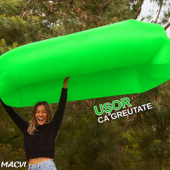 Saltea gonflabila tip sezlong Lazybag Macvi®, material rezistent, umflare fara pompa, pentru plaja/picnic/camping, rucsac de depozitare, 190 x 70 cm, verde