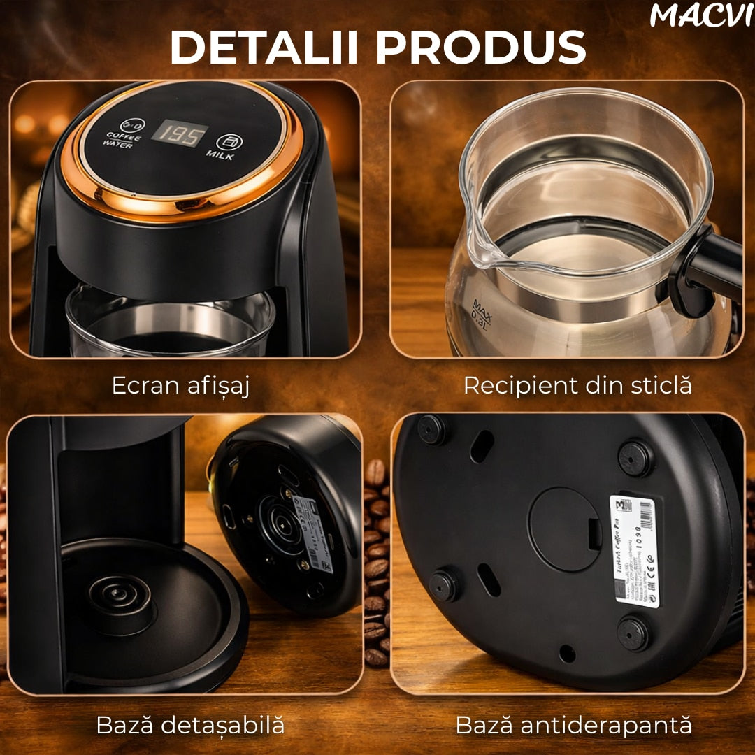 Cafetiera Electrica Macvi® Tip Ibric pentru Cafea Turceasca, 600W, 0, 3L, Display LCD, Negru/Auriu, Multifunctionala