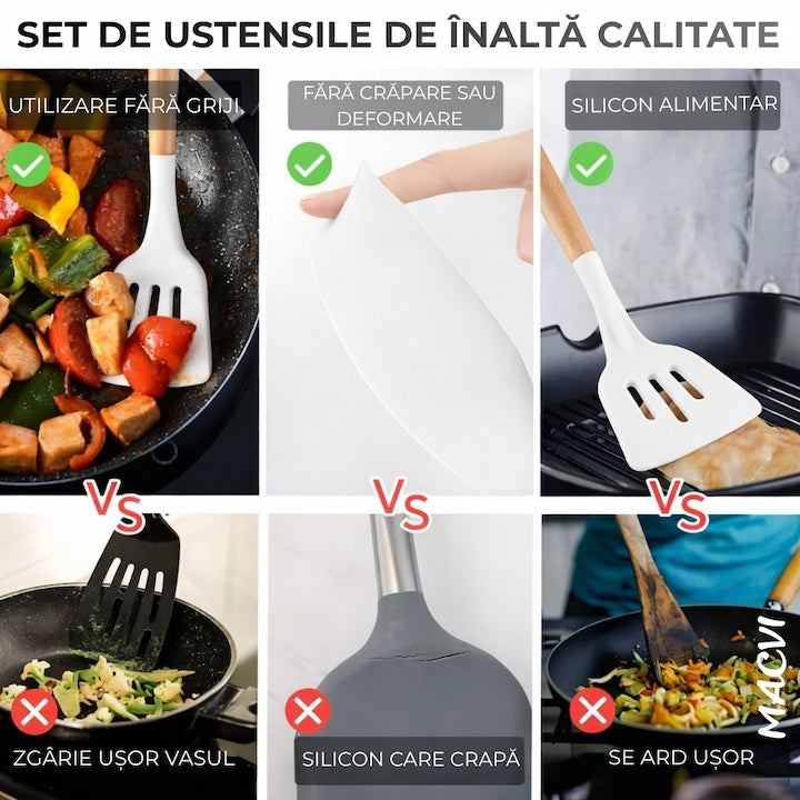 Set Ustensile Bucatarie Macvi® 19 Piese Silicon Termorezistent si Bambus, Cutite Inox, Suport Organizator Compact, Design Alb Elegant
